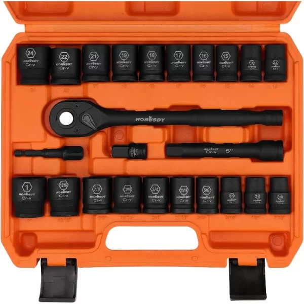 1/2" Drive Impact Socket Set, 24-Piece Shallow Standard SAE (7/16"-1") and Metric (13-24mm) Size, 6 Point