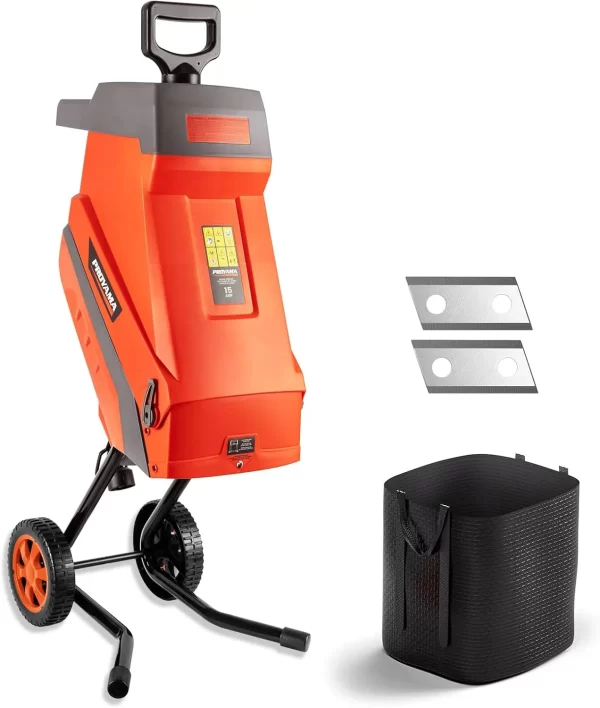 15 - Amp Electric Wood Chipper, Corded Shredder with Collection Bag and Push Stick