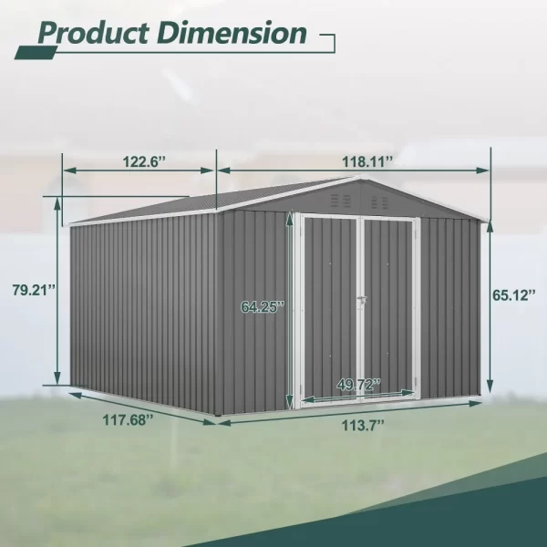 10 x 10 FT Outdoor Storage Shed, Large Metal Tool Sheds with Updated Frame Structure and Lockable Doors, Garden Shed, Grey - Image 3