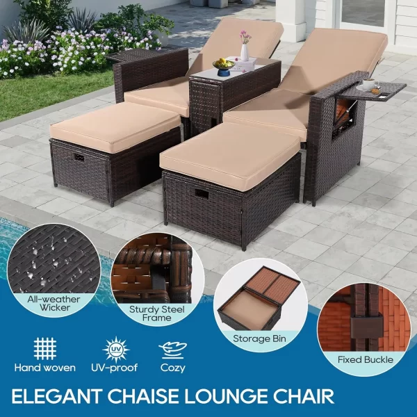 5PCS Wicker Chaise Lounge Set w/Ottoman & Table - Adjustable Recliners for Patio - Image 4