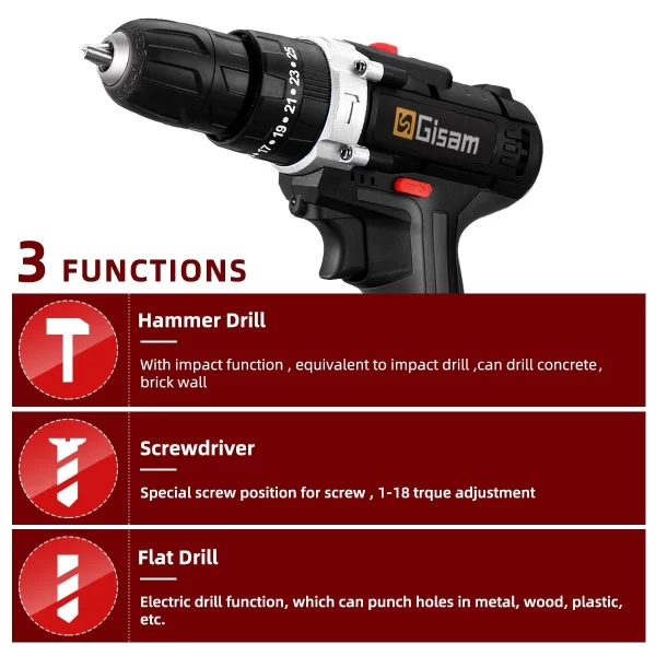 21V Cordless Impact Drill Electric Screwdriver Electric Hammer Drill - Image 14