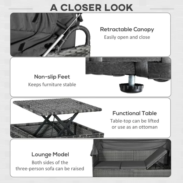 4 Piece Patio Furniture Set with Cushions, PE Rattan Daybed with Retractable Canopy - Image 5