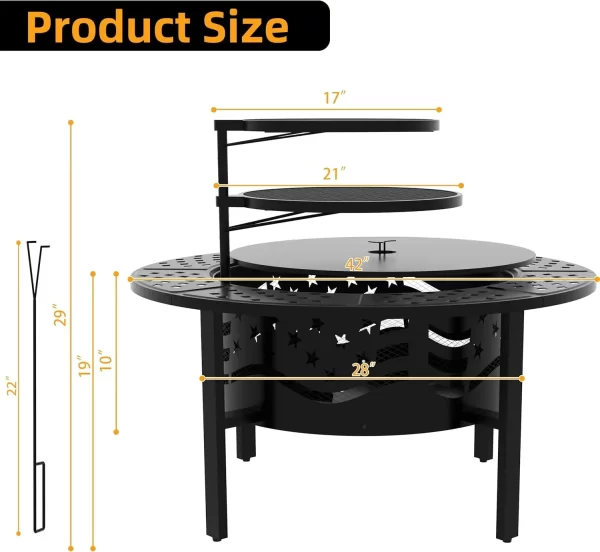 42" Outdoor Fire Pit with 2 Grills - Wood Burning Firepit for Outside with Cover & Poker - Image 2