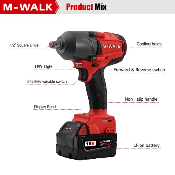 M-WALK Electric Impact Wrench 1300N. Power Wrench For 18V Milwaukee Battery Pin - Image 6