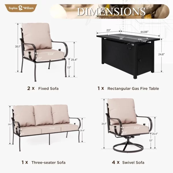 6 Pcs Outdoor Patio Furniture Set, with A 45" Gas Fire Pit Table , 3-seat Sofa, Swivel Chair X 2 - Image 3