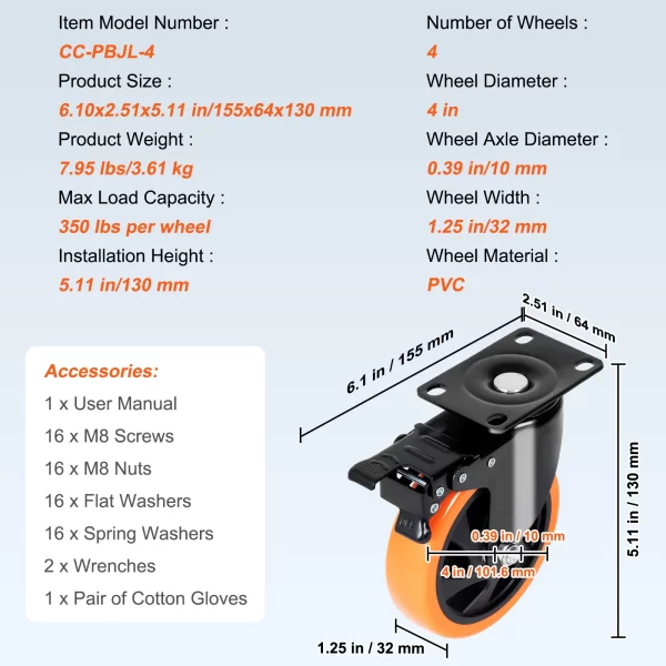 VEVOR 2/3/4/5/6-inch Swivel Plate Casters Set of 4 with Security Dual Locking - Image 11