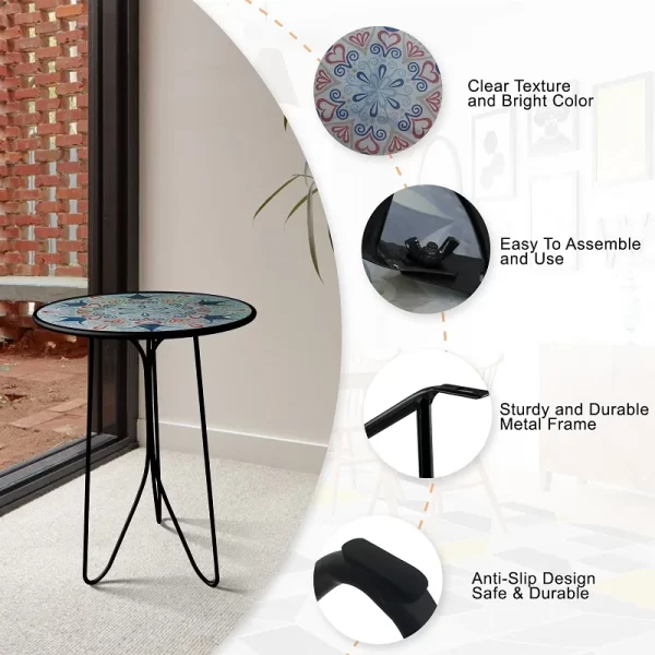12" Metal Glass UV Printed Table for Home Indoor Decorative Coffee Table Outdoor - Image 6