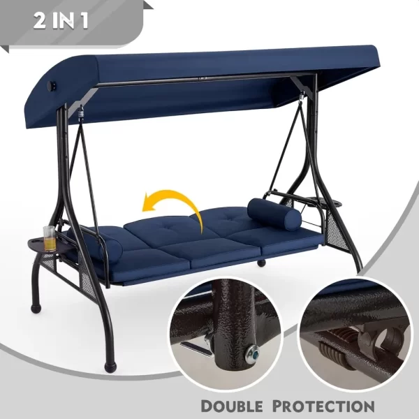 3 Seat Porch Swing W/Adjustable Canopy, Convertible Patio Swings Bed with Stand - Image 4