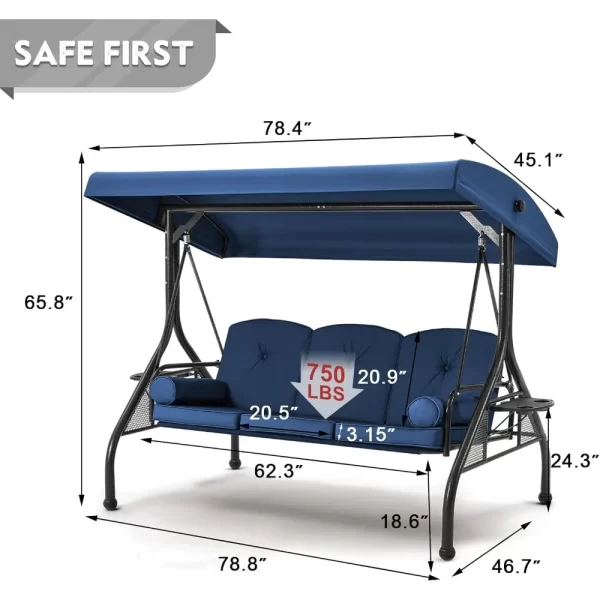 3 Seat Porch Swing W/Adjustable Canopy, Convertible Patio Swings Bed with Stand - Image 5