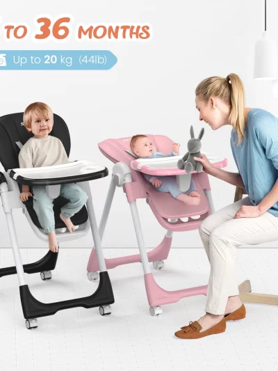 Sejoy Adjustable Baby High Chair with 5-Point Harness 3-Tier Tray & Wheels CE/CPC Certified