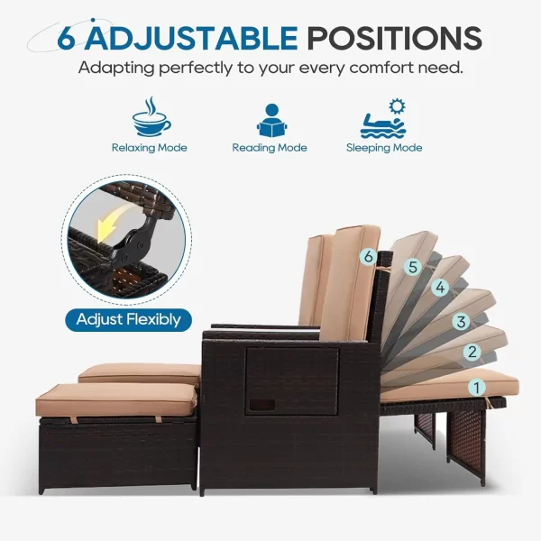 5PCS Wicker Chaise Lounge Set w/Ottoman & Table - Adjustable Recliners for Patio - Image 3