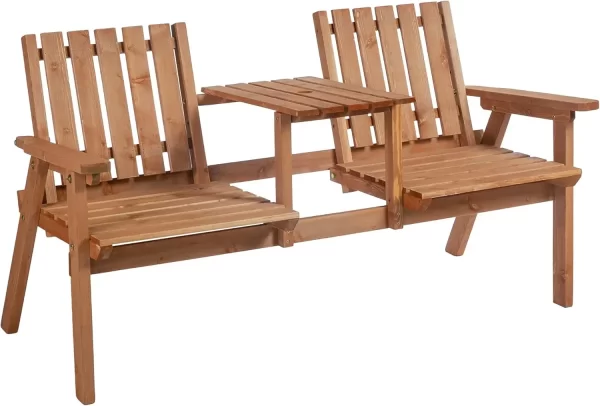 Patio Bench, With Middle Table And Umbrella Hole, Wooden Outdoor Bench