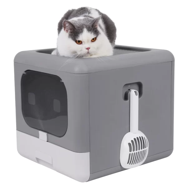 Cat Litter Box with Scoop and Tray Sifting Enclosed Foldable Kitten Toilet - Image 7