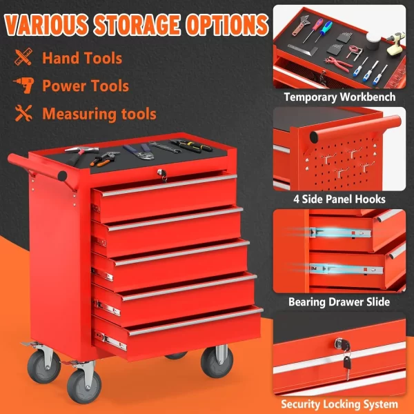 5 Drawers Tool Chest with Wheels, Metal Rolling Tool Box with Drawers, Large Capacity Tool Storage Cabinet with Keyed Locking, - Image 6