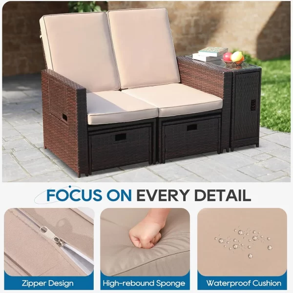 5PCS Wicker Chaise Lounge Set w/Ottoman & Table - Adjustable Recliners for Patio - Image 5