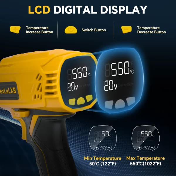 400W 550℃ Cordless Heat Gun for Dewalt 20V Battery with LCD Digital Display Hot Air Gun  no battery - Image 4