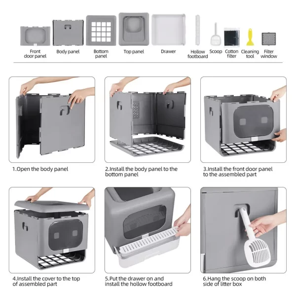 Cat Litter Box with Scoop and Tray Sifting Enclosed Foldable Kitten Toilet - Image 10