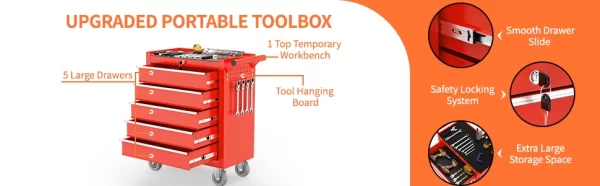 5 Drawers Tool Chest with Wheels, Metal Rolling Tool Box with Drawers, Large Capacity Tool Storage Cabinet with Keyed Locking, - Image 11