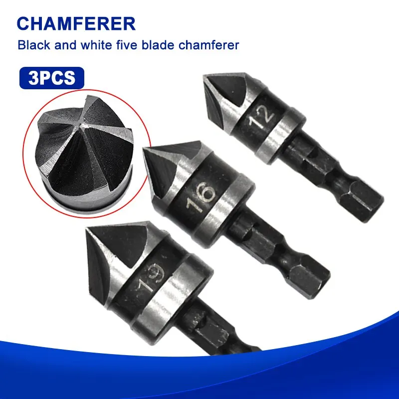 3PC Hexagonal Shank 90 Degree Black Five Blade Chamferer Countersink - Image 8