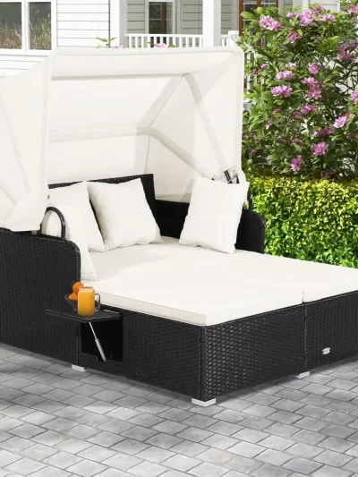 Outdoor Daybed, 2-Person Wicker Chaise Lounge with Retractable Canopy, Cushions & Pillows