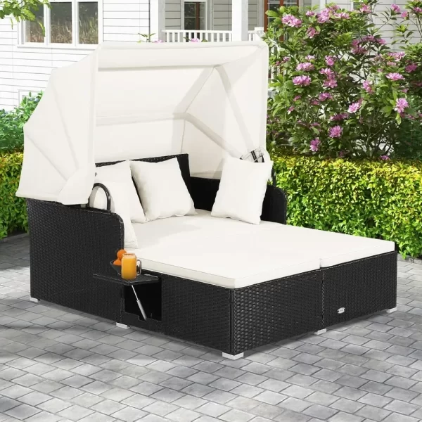 Outdoor Daybed, 2-Person Wicker Chaise Lounge with Retractable Canopy, Cushions & Pillows