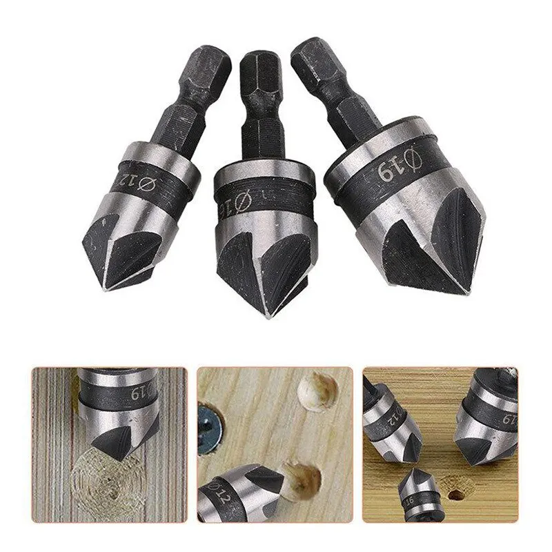 3PC Hexagonal Shank 90 Degree Black Five Blade Chamferer Countersink - Image 4