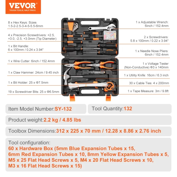 VEVOR Tool Kit Home Repairing Tool Kit with Portable Tool Storage - Image 8