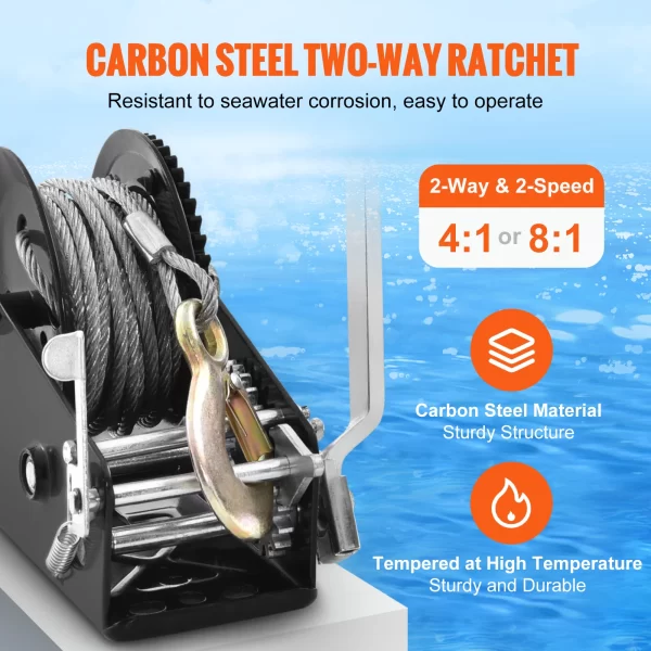 VEVOR Hand Winch Heavy Duty Rope Crank with 33 ft Steel Wire Cable - Image 3