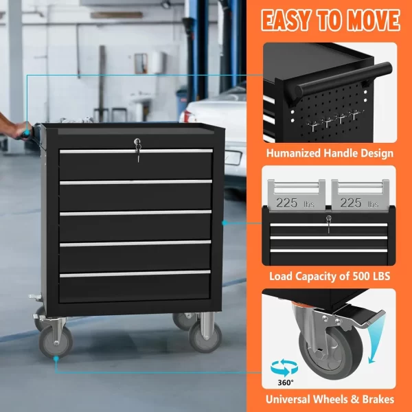 5 Drawers Tool Chest with Wheels, Metal Rolling Tool Box with Drawers, Large Capacity Tool Storage Cabinet with Keyed Locking, - Image 26