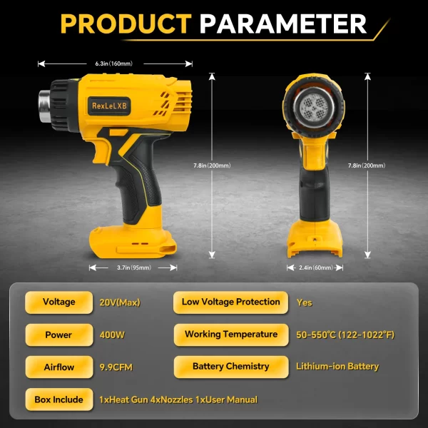 400W 550℃ Cordless Heat Gun for Dewalt 20V Battery with LCD Digital Display Hot Air Gun  no battery - Image 6