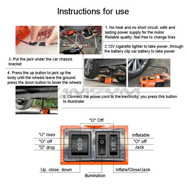 12V 5Ton Car Electric Hydraulic Floor Jack, Tire Inflator Pump and LED Flashlight 2 in 1 Set With Safe Hammer - Image 13