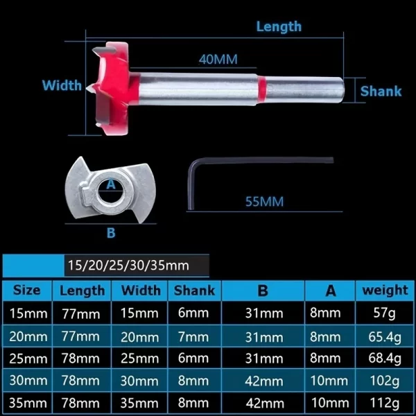 Woodworking Hole Opener Set Positioning Hard Alloy Flat Wing Drill Adjustable Hinge Hole Expander 15-35mm - Image 10