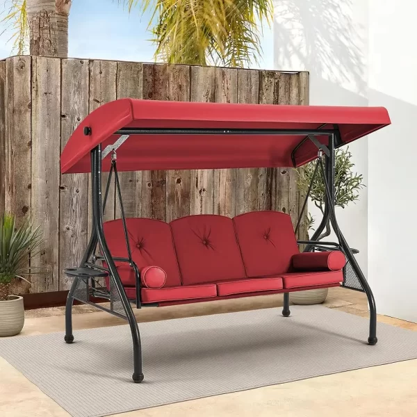 3 Seat Porch Swing W/Adjustable Canopy, Convertible Patio Swings Bed with Stand - Image 9