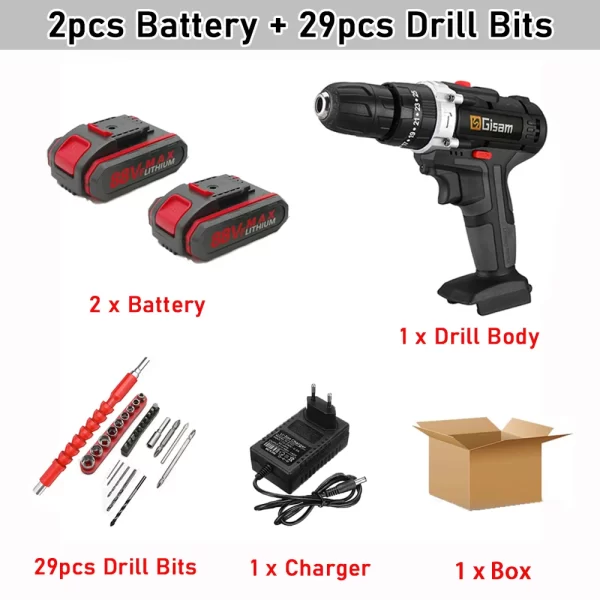 Gisam 88VF Electric Impact Drill Cordless Electric Screwdriver Drill Rechargeable Lithium Battery 2 Speeds Household Power Tools - Image 8