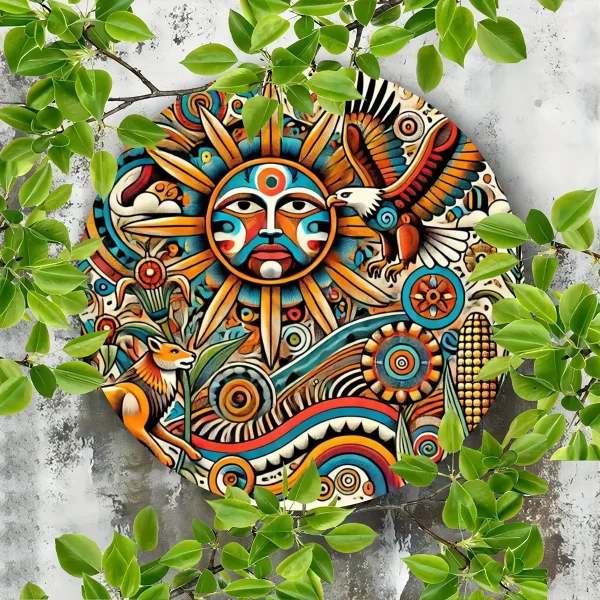 Oaxacan Maya Aztec 8-Inch Round Metal Sign - Bohemian Garden Decor - Image 4