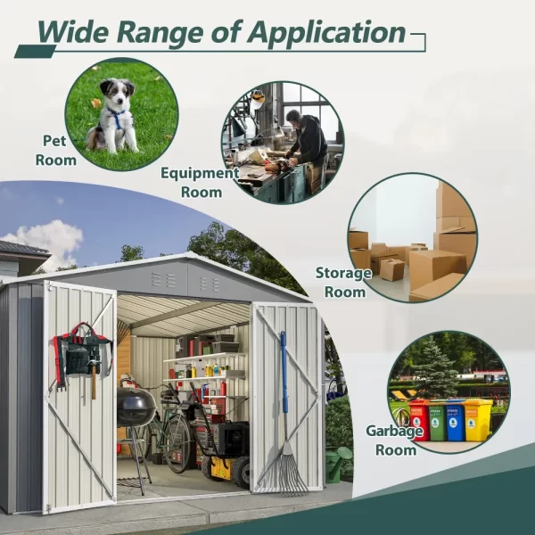 10 x 10 FT Outdoor Storage Shed, Large Metal Tool Sheds with Updated Frame Structure and Lockable Doors, Garden Shed, Grey - Image 4