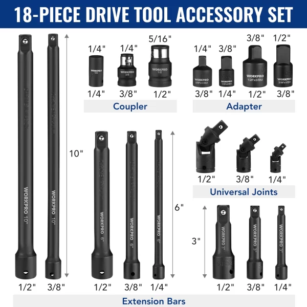WORKPRO 18Pieces Drive Tool Accessory Set Includes Socket Adapters - Image 5