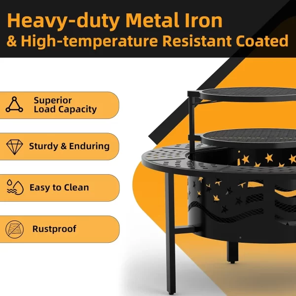 42" Outdoor Fire Pit with 2 Grills - Wood Burning Firepit for Outside with Cover & Poker - Image 3