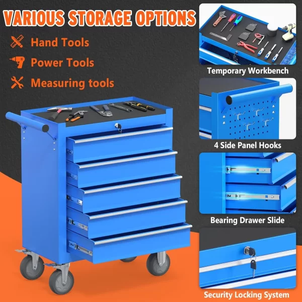 5 Drawers Tool Chest with Wheels, Metal Rolling Tool Box with Drawers, Large Capacity Tool Storage Cabinet with Keyed Locking, - Image 19