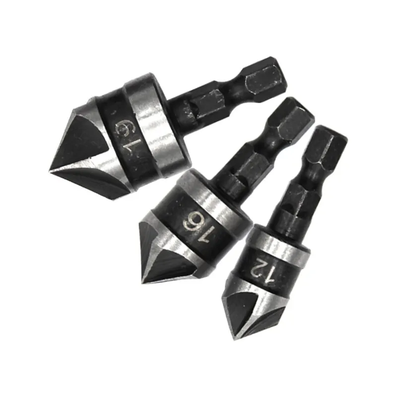 3PC Hexagonal Shank 90 Degree Black Five Blade Chamferer Countersink - Image 6