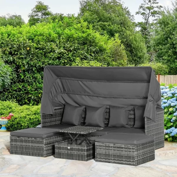 4 Piece Patio Furniture Set with Cushions, PE Rattan Daybed with Retractable Canopy - Image 2