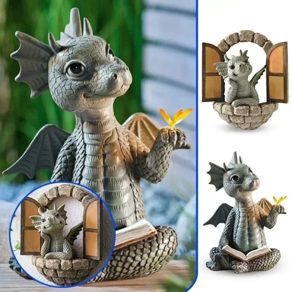 Solar Powered Outdoor Garden Dragon Statue Lovely Meditation Resin Crafts - Image 2