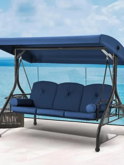 3 Seat Porch Swing W/Adjustable Canopy, Convertible Patio Swings Bed with Stand
