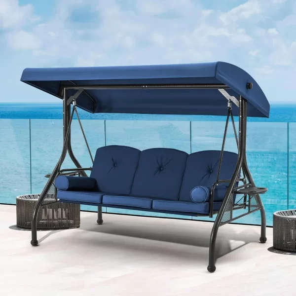 3 Seat Porch Swing W/Adjustable Canopy, Convertible Patio Swings Bed with Stand