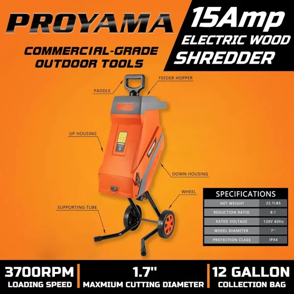 15 - Amp Electric Wood Chipper, Corded Shredder with Collection Bag and Push Stick - Image 2