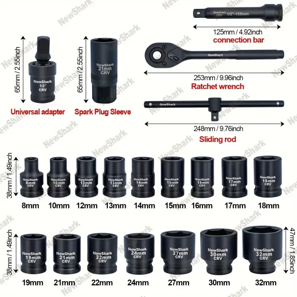 23 Piece Impact Socket Set Deep Socket Kit Assortment Standard Metric(8-32mm) - Image 3