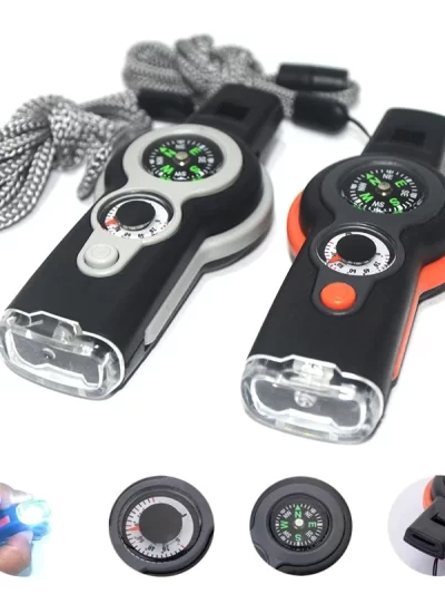7 in 1  Survival Emergency Tool Whistle Compass Thermometer Magnifier Flashlight