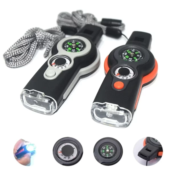 7 in 1  Survival Emergency Tool Whistle Compass Thermometer Magnifier Flashlight