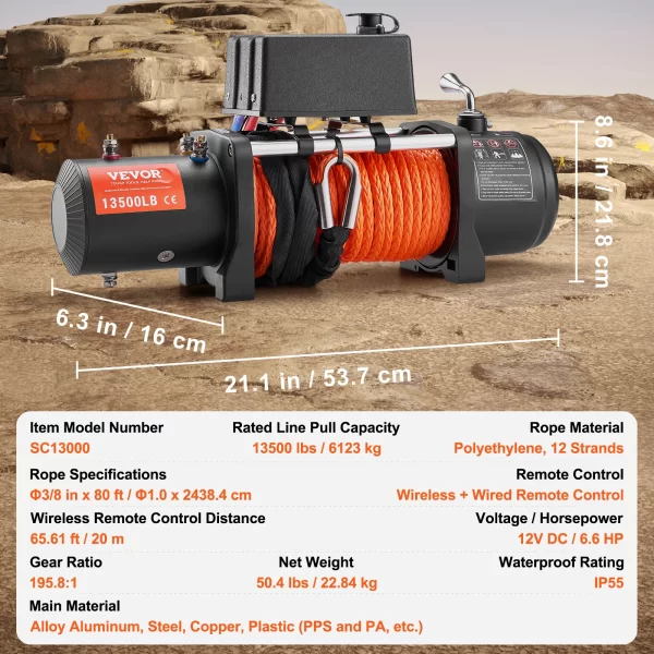 VEVOR 13500lbs Electric Winch with 80ft Synthetic Rope Wireless & Wired Remote Control - Image 7
