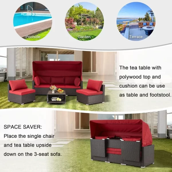 6 Pieces Patio Conversation Sets, Rectangle Wicker Daybed with Canopy - Image 6